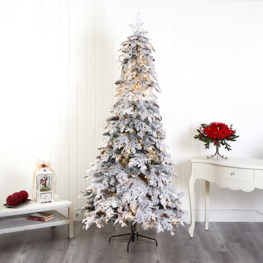 8ft. Pre-Lit Flocked Montana Down Swept Spruce & Pinecones Artificial Christmas Tree with Clear LED Lights